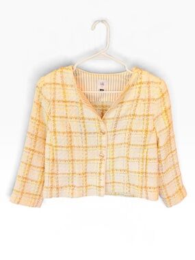Cabi Tweed Bouclé Cropped Jacket Blazer Cream Yellow Orange Size M